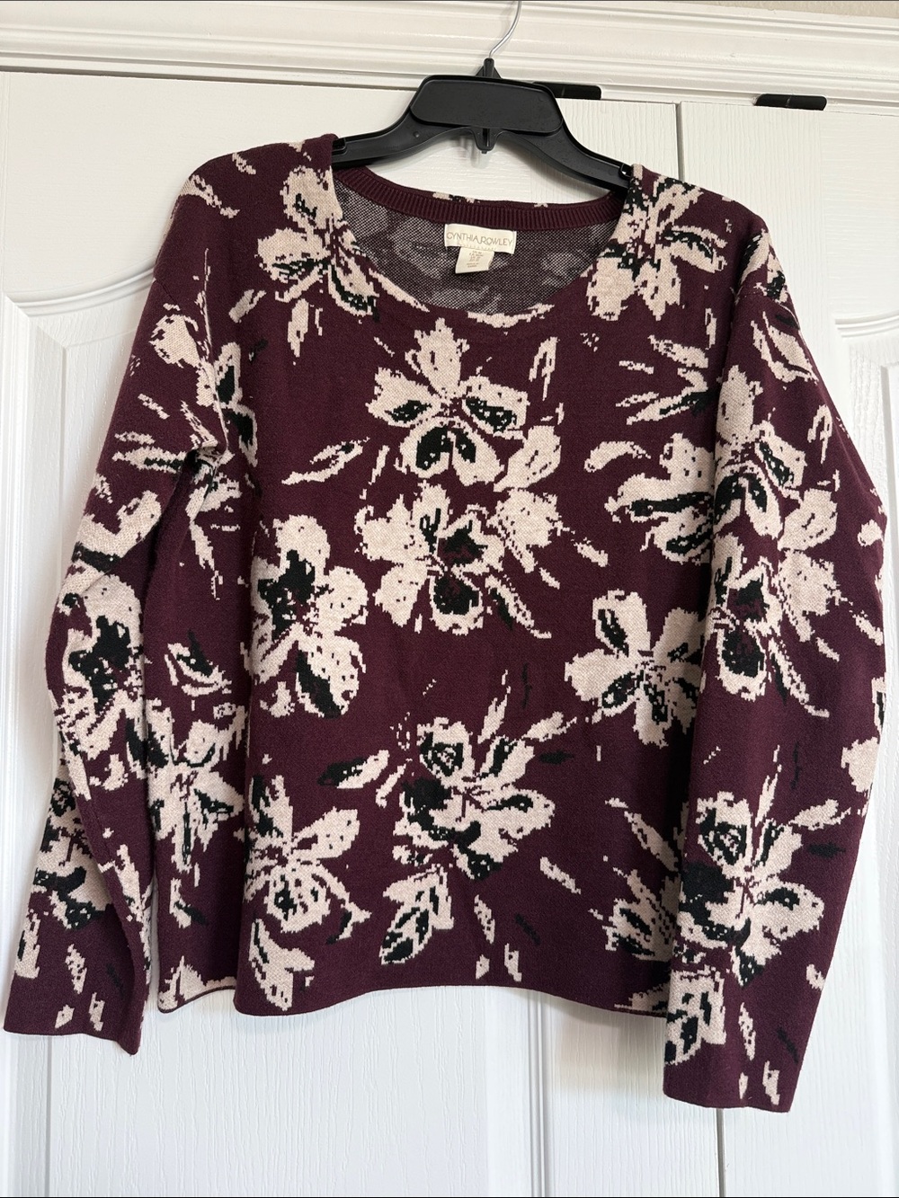 Cynthia Rowley Floral Crewneck Sweater in Burgundy and Cream